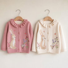 Toddler Girl Fall Cardigan, Rabbit Embroidered Knit Sweater, Pink or Beige