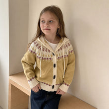Girls Retro Jacquard Hooded Cardigan, Yellow or Blue