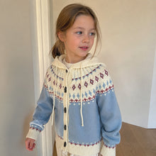 Girls Retro Jacquard Hooded Cardigan, Yellow or Blue