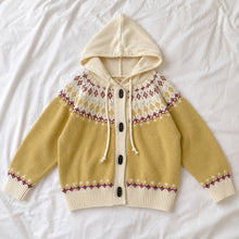 Girls Retro Jacquard Hooded Cardigan, Yellow or Blue