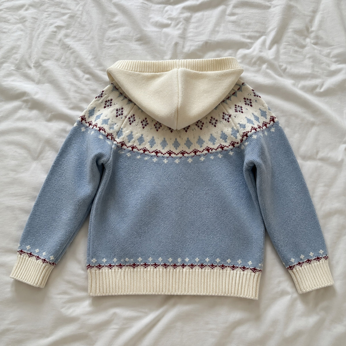 Powder blue girls jacquard hooded cardigan, full back and hood