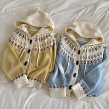 Girls Retro Jacquard Hooded Cardigan, Yellow or Blue