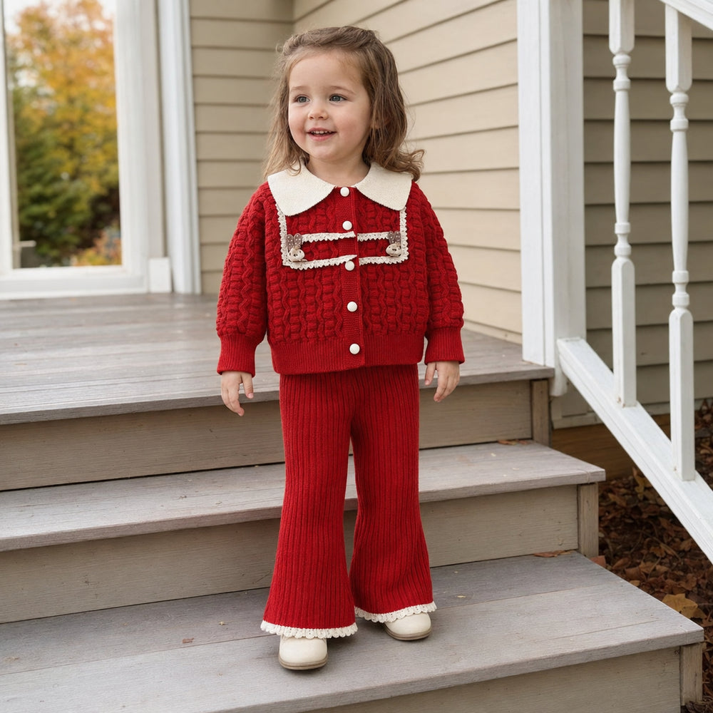 Girls Knit Cardigan and Flared Pants Set, Teddy Bear Two-Piece Outfit