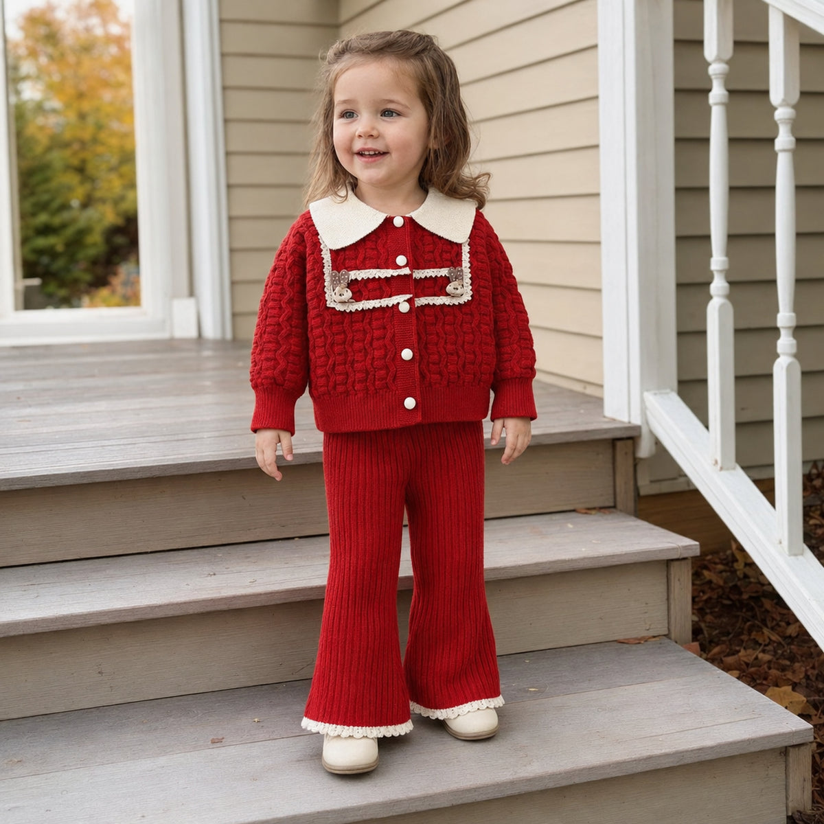 Girls Teddy Collar Knit Cardigan and Flared Pants Set — BloomKnit product photo 1 of 10