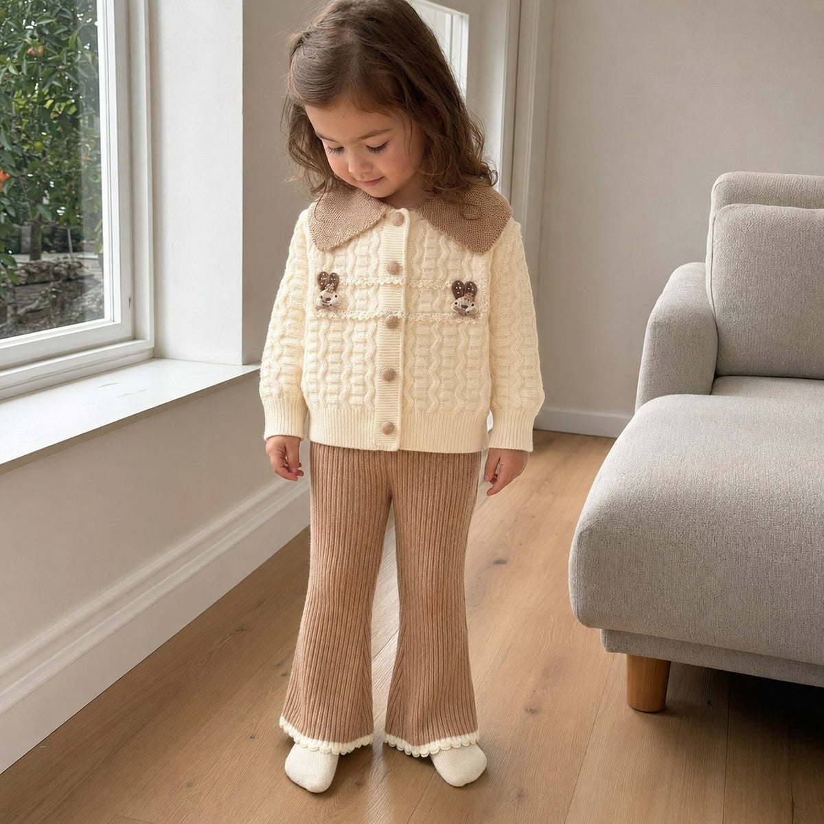 Girls Teddy Collar Knit Cardigan and Flared Pants Set — BloomKnit product photo 2 of 10