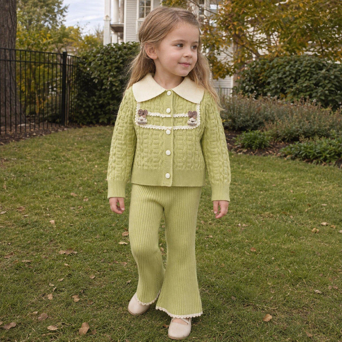 Girls Teddy Collar Knit Cardigan and Flared Pants Set — BloomKnit product photo 3 of 10