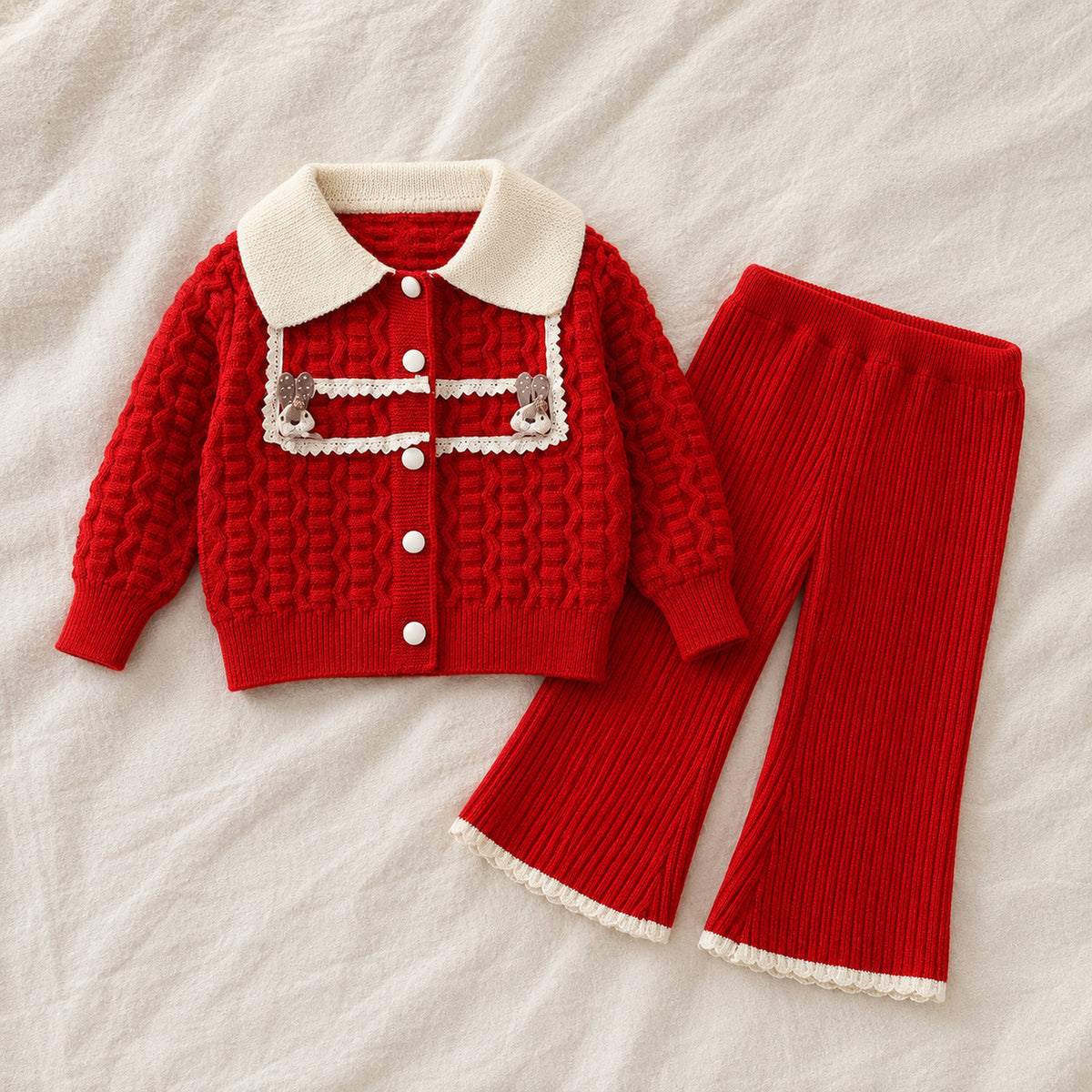 Girls Teddy Collar Knit Cardigan and Flared Pants Set — BloomKnit product photo 5 of 10