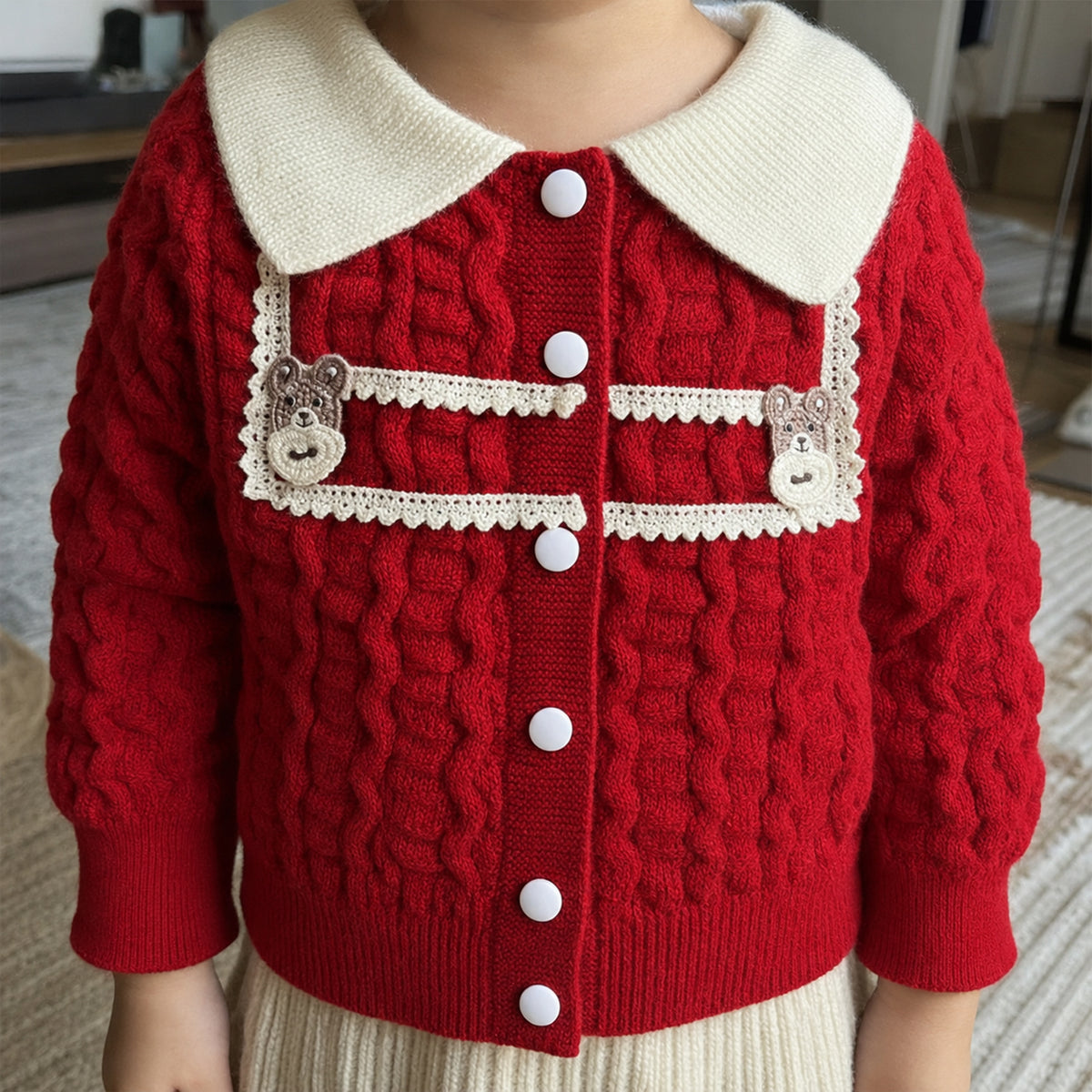 Girls Teddy Collar Knit Cardigan and Flared Pants Set — BloomKnit product photo 7 of 10