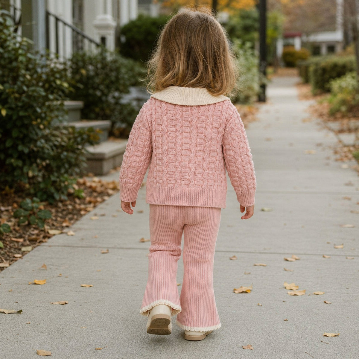 Girls Teddy Collar Knit Cardigan and Flared Pants Set — BloomKnit product photo 9 of 10