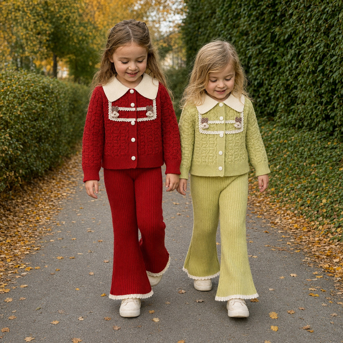 Girls Teddy Collar Knit Cardigan and Flared Pants Set — BloomKnit product photo 10 of 10