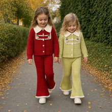 Girls Knit Cardigan and Flared Pants Set, Teddy Bear Two-Piece Outfit
