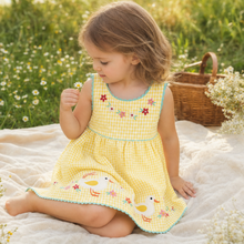 Yellow Gingham Duck Appliqué Girls Dress with Floral Embroidery