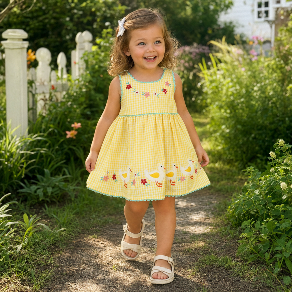 Yellow Gingham Duck Appliqué Girls Dress with Floral Embroidery