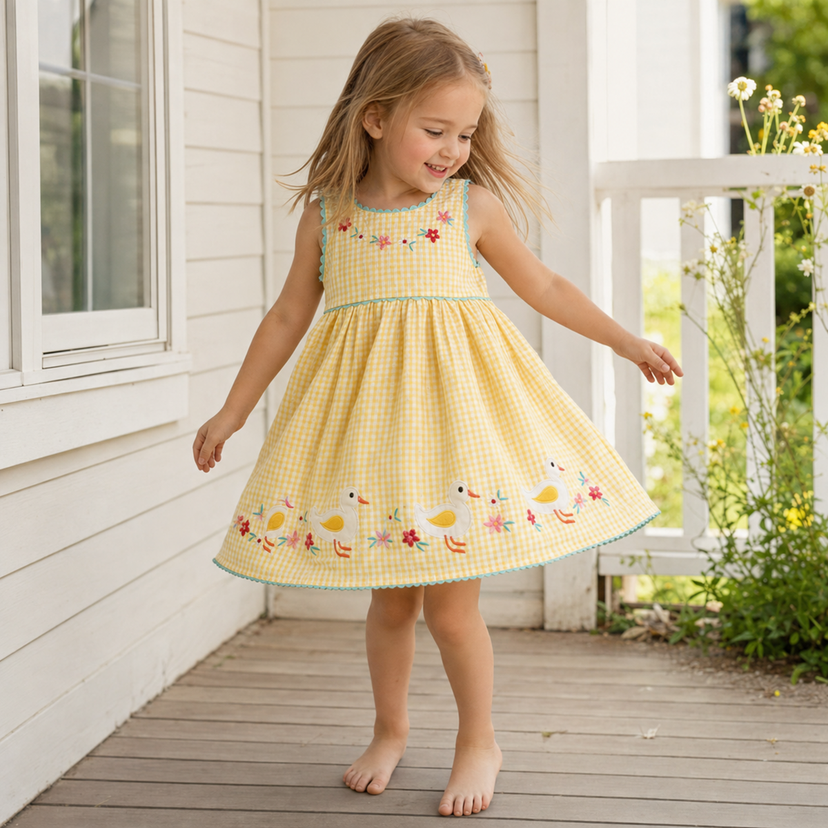 Girl twirling in embroidered yellow gingham summer dress