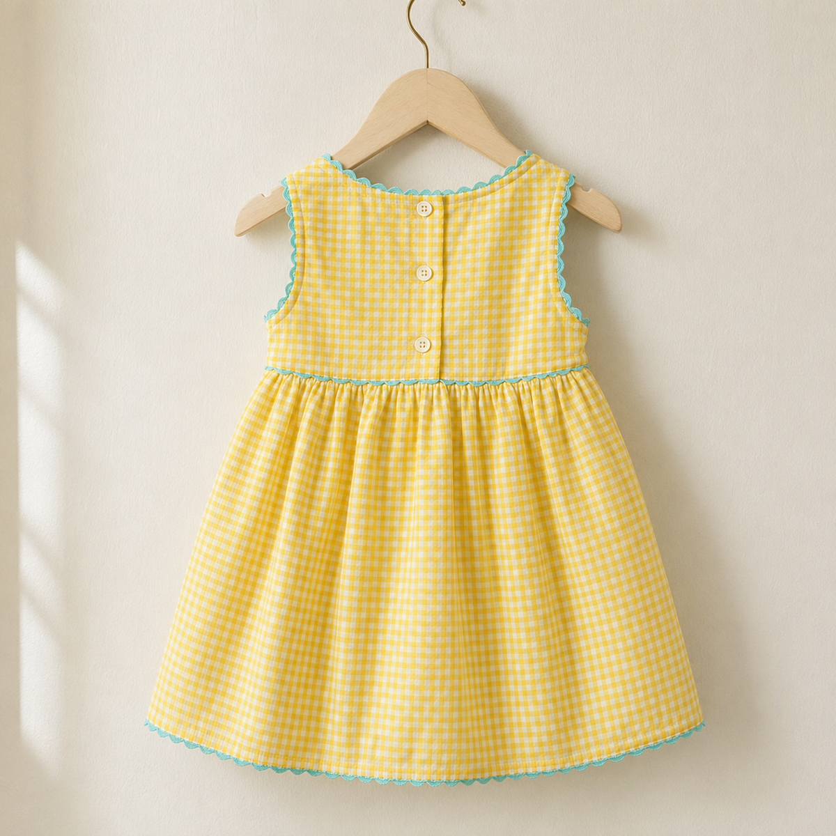 Yellow gingham girls dress back buttons and gathered skirt