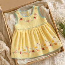 Yellow Gingham Duck Appliqué Girls Dress with Floral Embroidery