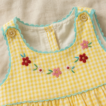 Yellow Gingham Duck Appliqué Girls Dress with Floral Embroidery