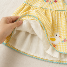Yellow Gingham Duck Appliqué Girls Dress with Floral Embroidery