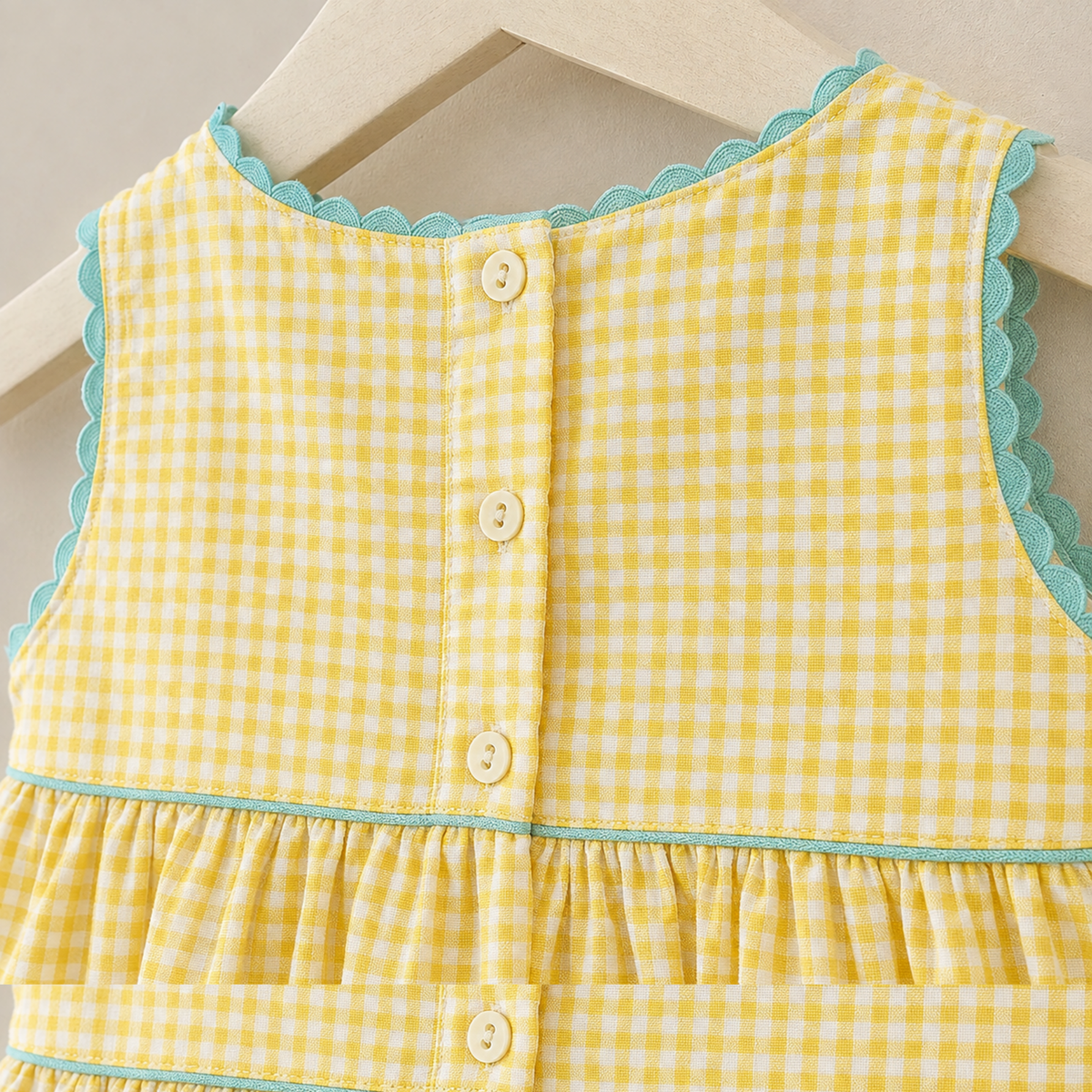 Back button placket and gingham fabric detail