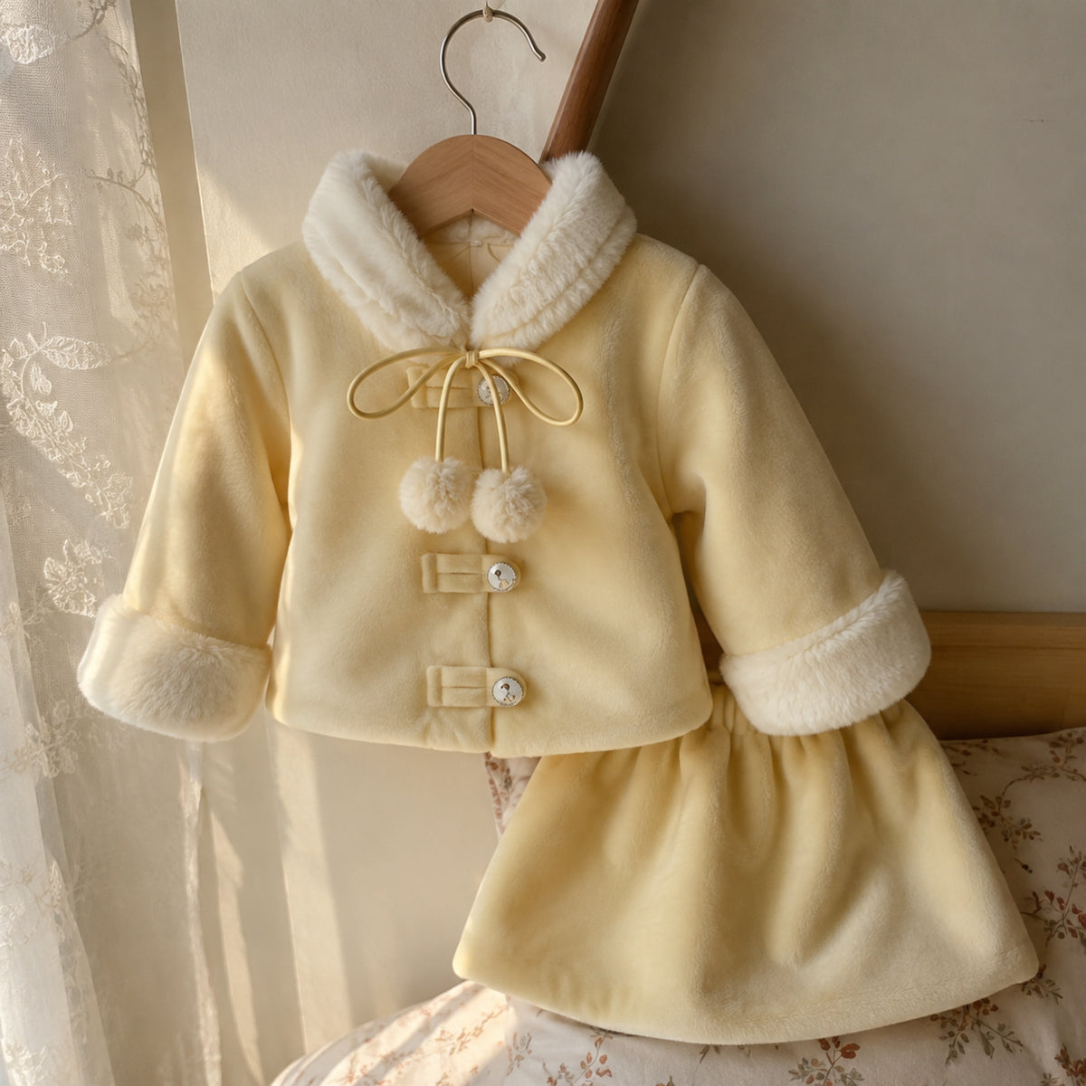 Girls buttery yellow faux fur collar jacket and matching skirt set hanging by a window