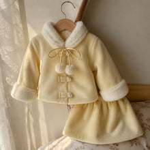 Girls Yellow Faux Fur Collar Jacket and Skirt Set, 2-Piece Fall Outfit