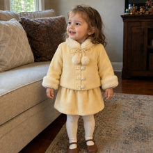 Girls Yellow Faux Fur Collar Jacket and Skirt Set, 2-Piece Fall Outfit