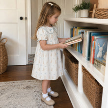 Girls Blue Bunny Cotton Dress, Scalloped Peter Pan Collar