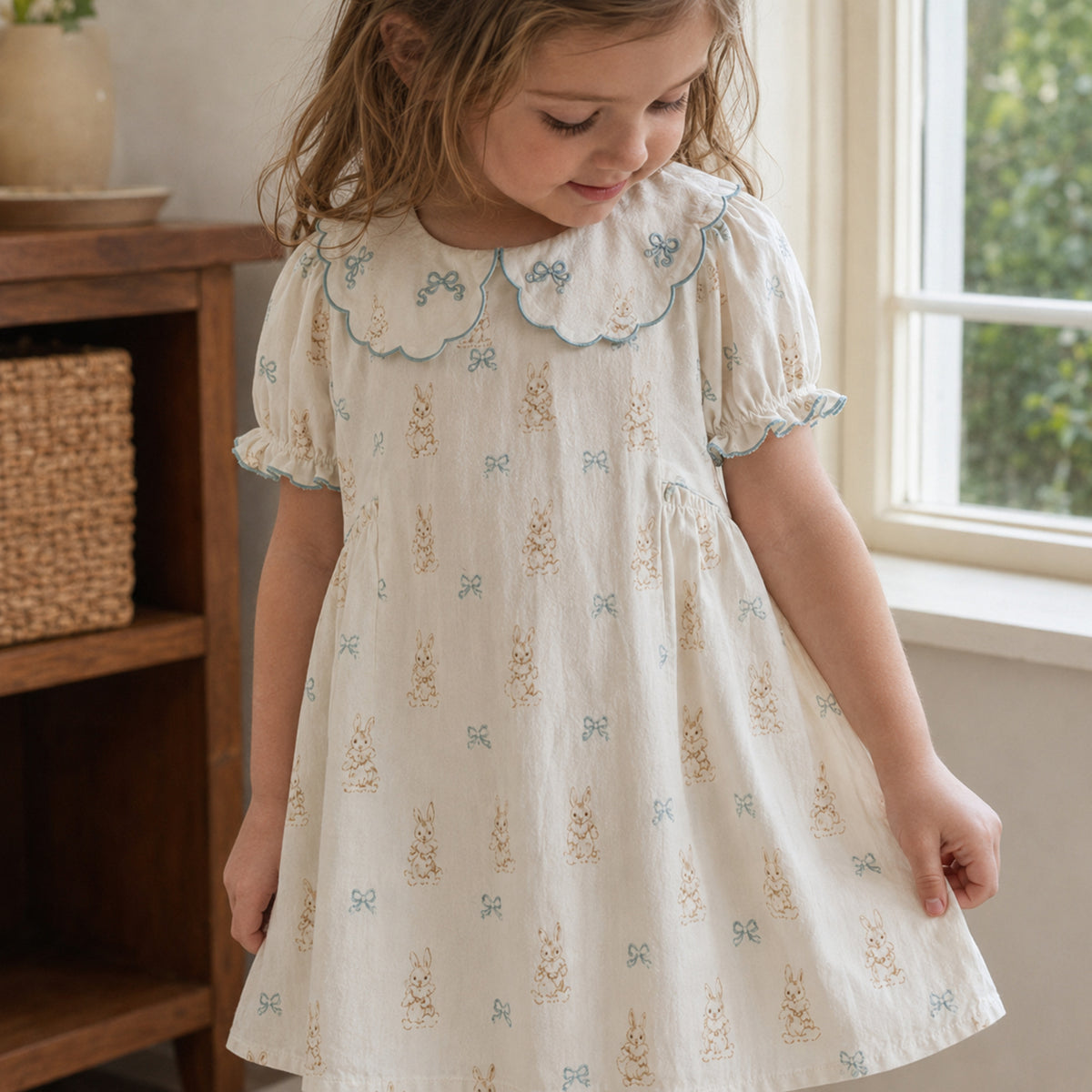 Girls Blue Bunny Cotton Dress, Scalloped Peter Pan Collar — independent bunny print detail