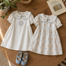 Girls Blue Bunny Cotton Dress, Scalloped Peter Pan Collar