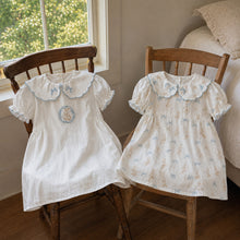 Girls Blue Bunny Cotton Dress, Scalloped Peter Pan Collar