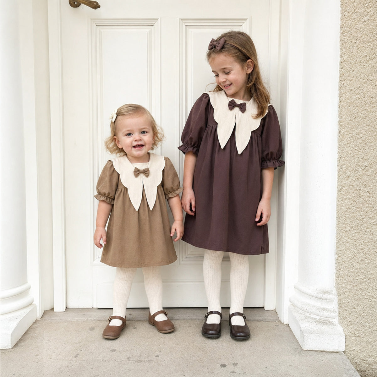 Girls Brown Bow Collar Dress, Vintage Toddler Fall Outfit — second lifestyle angle