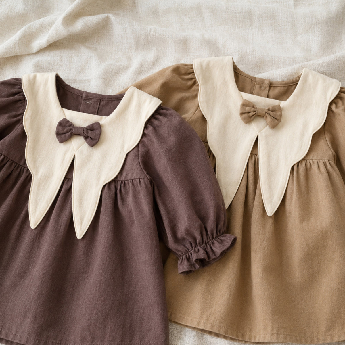 Girls Brown Bow Collar Dress, Vintage Toddler Fall Outfit — fabric and seam detail