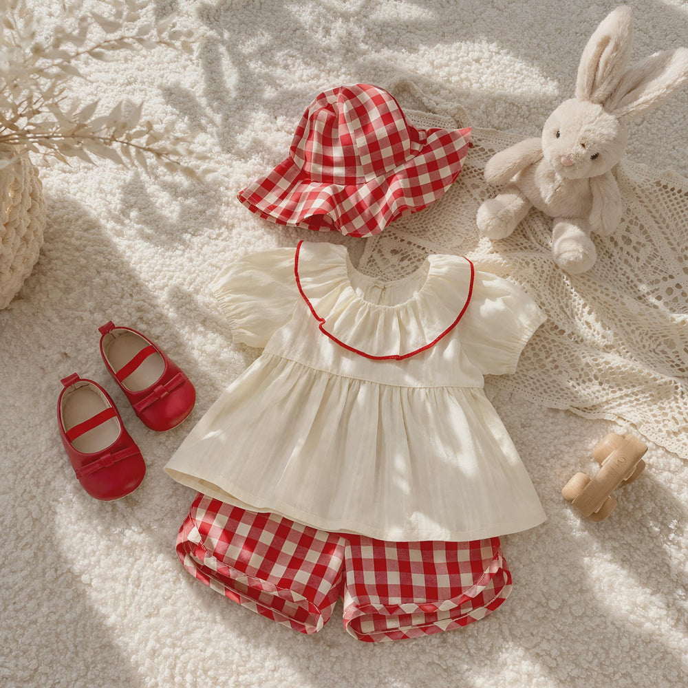 Baby Girl Summer Outfit Set Ruffle Top & Red Checkered Pants Cotton Toddler Clothes Cute Kids Outfit 6M-4T