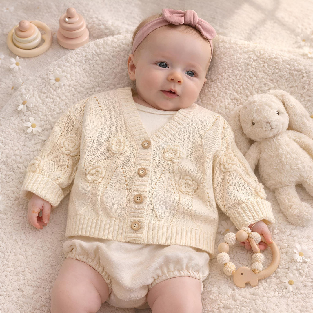Baby Girl Cotton Cardigan, Floral Embroidered Knit Sweater, Wooden Buttons, Infant Toddler Outfit