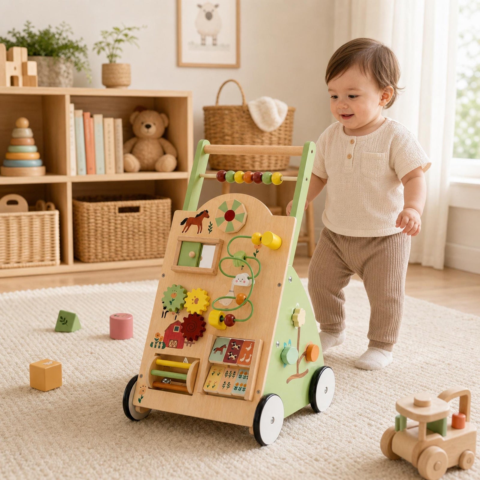 Wooden Baby Walker with Activity Center, Montessori Push Toy for Toddlers, First Birthday Gift