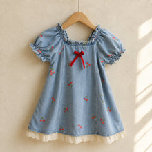 Girls Cherry Embroidered Denim Dress with Puff Sleeves and Eyelet Lace Hem, Fall Outfit