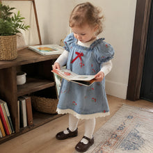 Girls Cherry Embroidered Denim Dress with Puff Sleeves and Eyelet Lace Hem, Fall Outfit