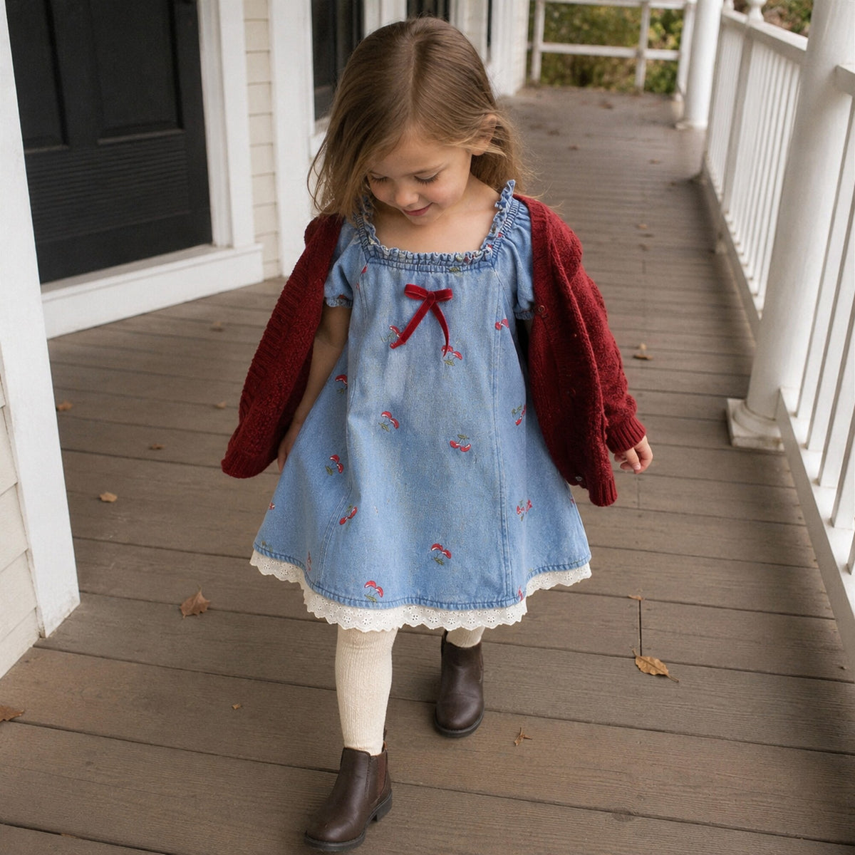 Older girl wearing the cherry denim dress with red cardigan and tights in fall