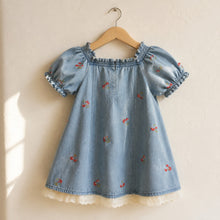 Girls Cherry Embroidered Denim Dress with Puff Sleeves and Eyelet Lace Hem, Fall Outfit