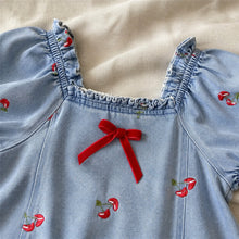 Girls Cherry Embroidered Denim Dress with Puff Sleeves and Eyelet Lace Hem, Fall Outfit