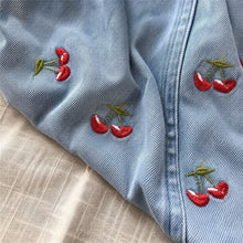Girls Cherry Embroidered Denim Dress with Puff Sleeves and Eyelet Lace Hem, Fall Outfit