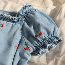 Girls Cherry Embroidered Denim Dress with Puff Sleeves and Eyelet Lace Hem, Fall Outfit