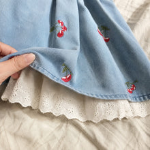 Girls Cherry Embroidered Denim Dress with Puff Sleeves and Eyelet Lace Hem, Fall Outfit