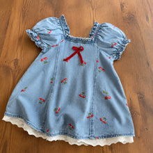 Girls Cherry Embroidered Denim Dress with Puff Sleeves and Eyelet Lace Hem, Fall Outfit