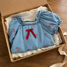 Girls Cherry Embroidered Denim Dress with Puff Sleeves and Eyelet Lace Hem, Fall Outfit