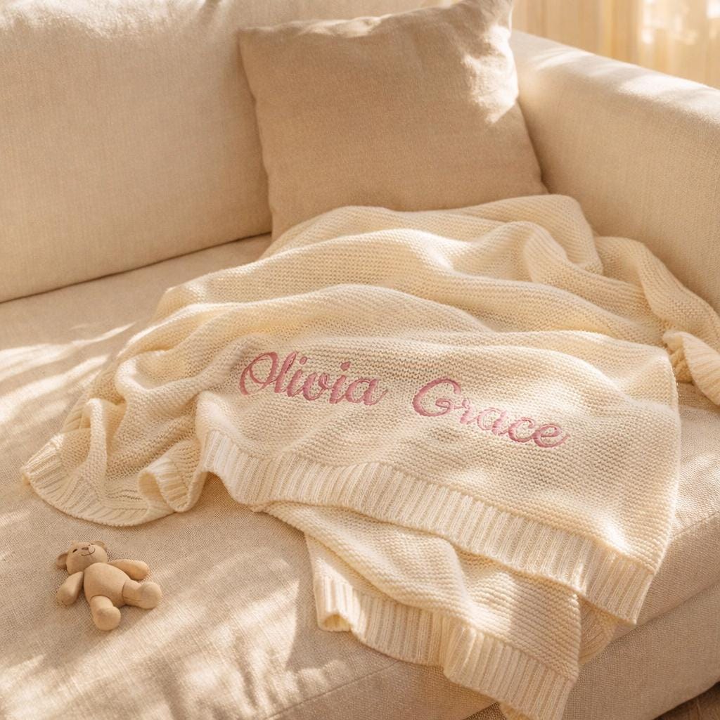 Personalized Embroidered Cotton Knit Baby Blanket, Soft Stroller Keepsake