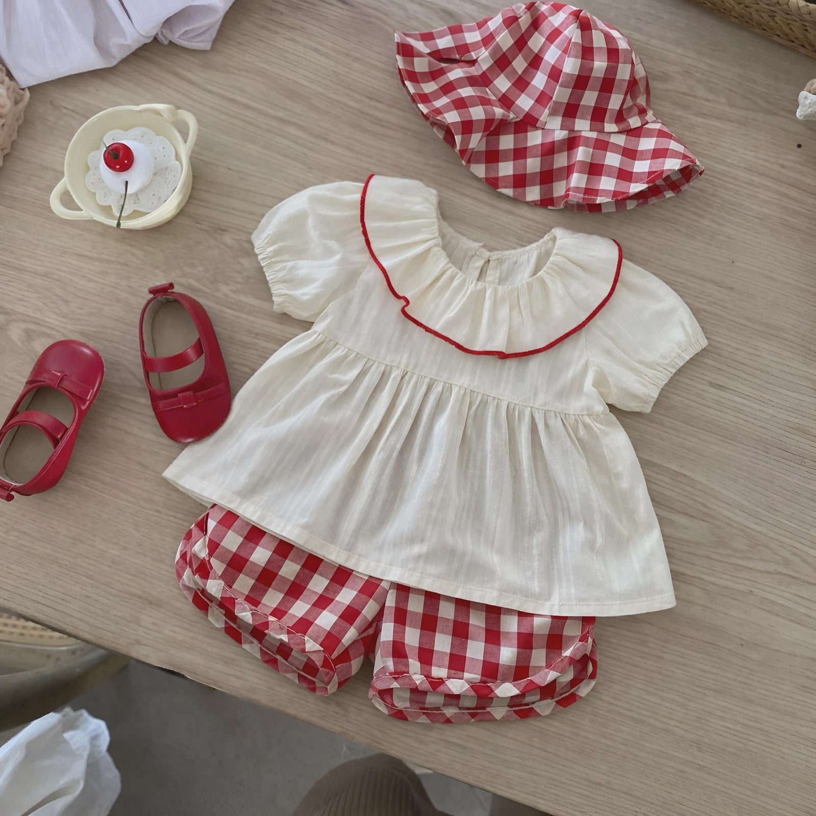 Baby Girl Summer Outfit Set Ruffle Top & Red Checkered Pants Cotton Toddler Clothes Cute Kids Outfit 6M-4T