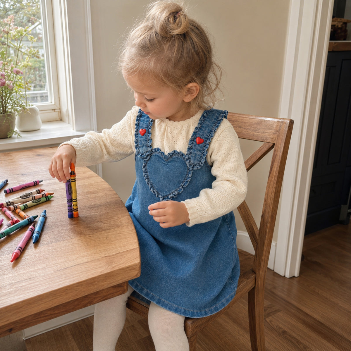 Girls Denim Pinafore Dress, Heart Pocket Western Toddler Jumper — independent seated everyday view