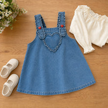 Girls Denim Pinafore Dress, Heart Pocket Western Toddler Jumper