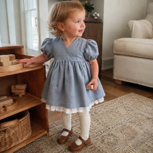 Girls Dusty Blue Linen Puff Sleeve Dress with White Ruffle Hem, Fall Birthday Outfit